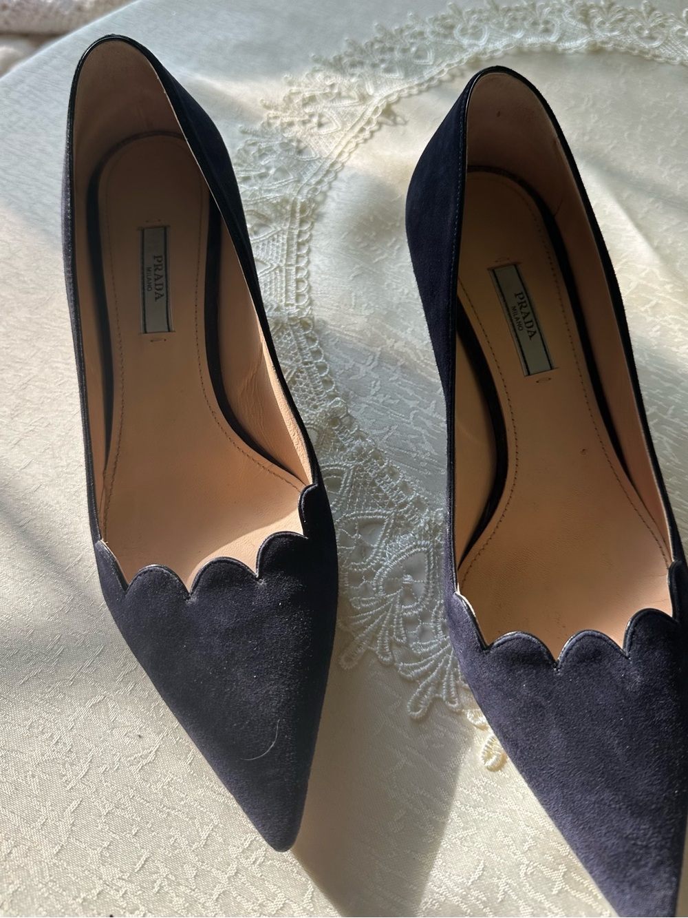 Prada Scalloped Pointed Toe Pumps in Navy Suede